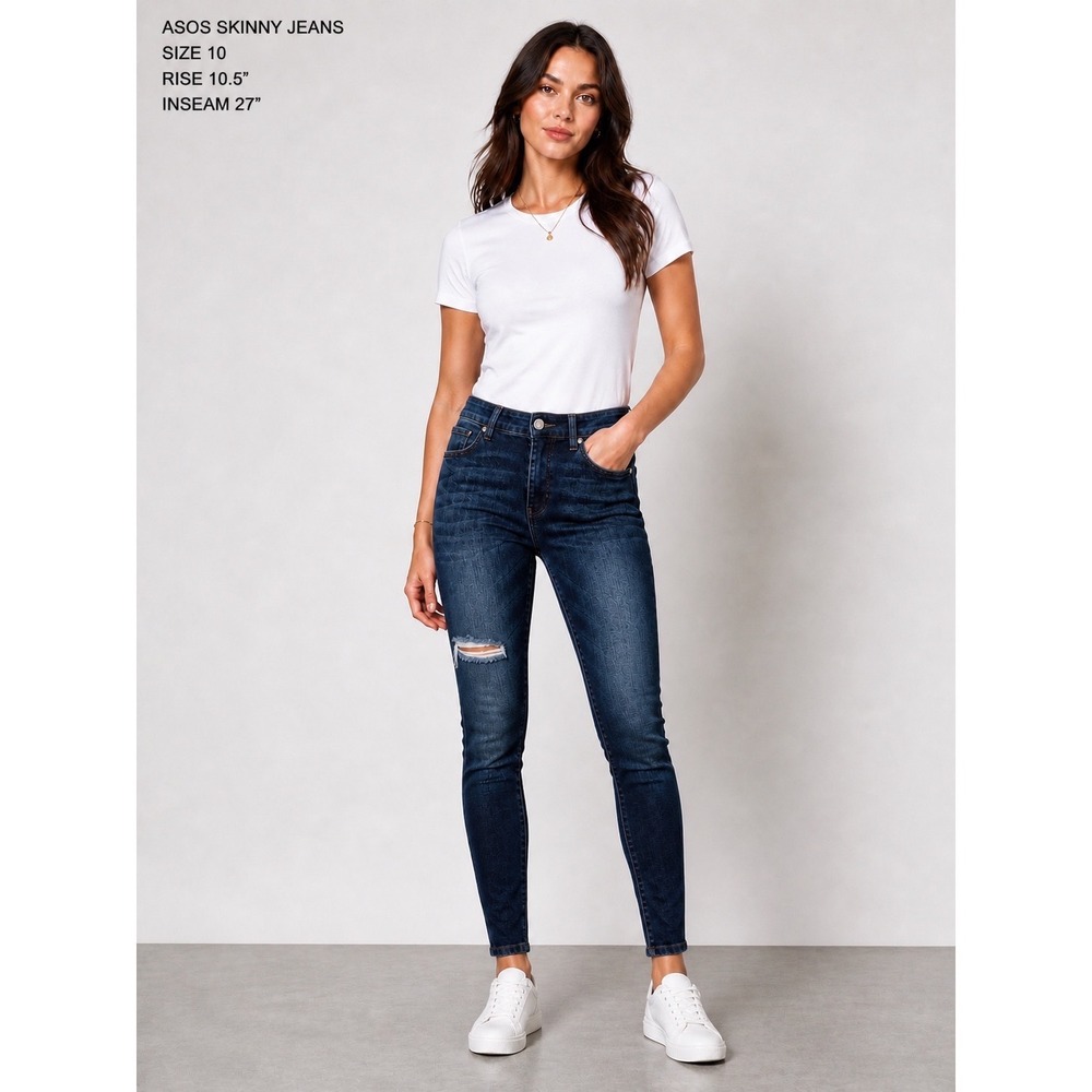 ASOS Women Dark Wash Skinny Jeans Size 31 Distressed High Rise Button Fly Denim